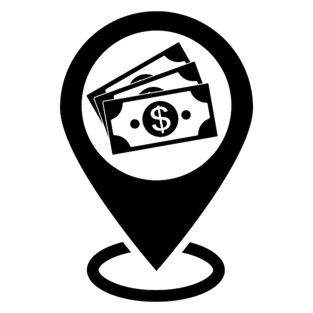 Black cash locatie pin pictogram geïsoleerd op een witte achtergrond aanwijzer en dollar symbool locatie van geld zakelijke en investeringsconcept