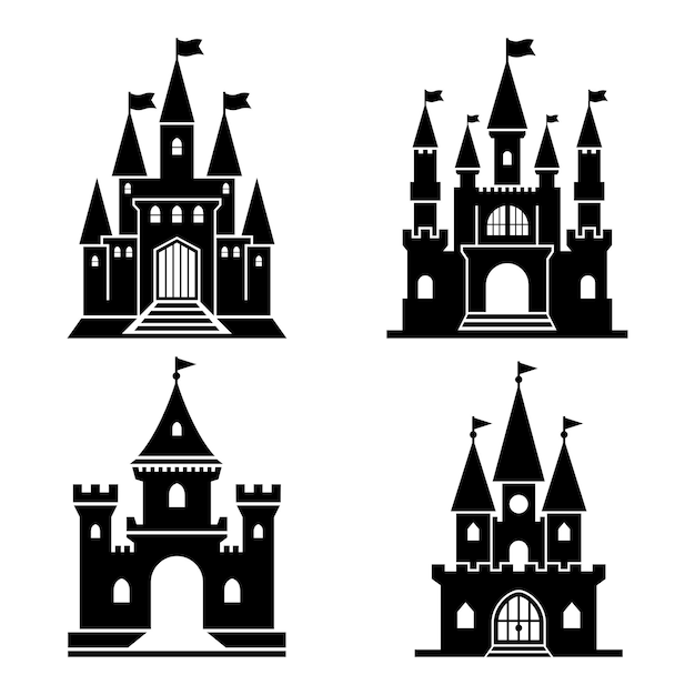 Vettore set di icone del castello nero torri del regno fantasia edifici di architettura gotica fortezza medievale palazzo