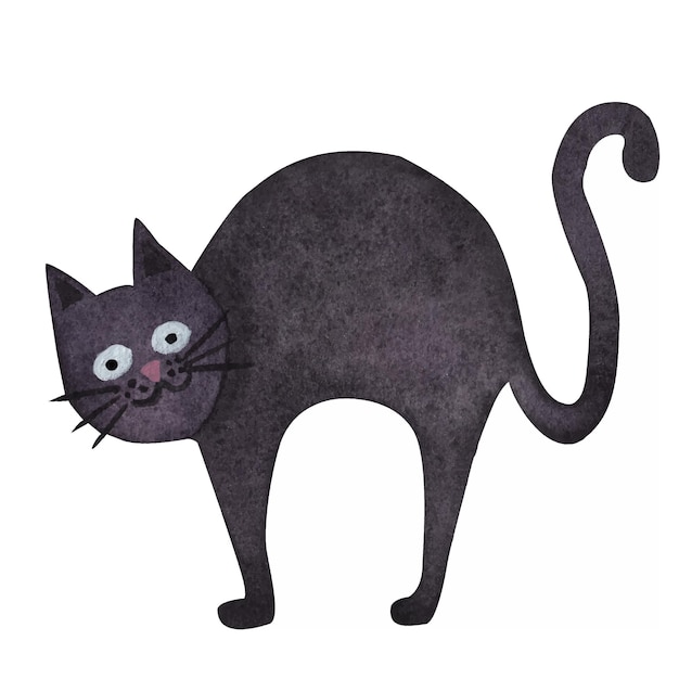 The black cat arched its back watercolor illustration