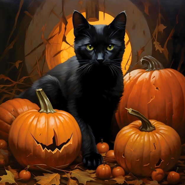 Black cat around the pumpkins a Halloween image