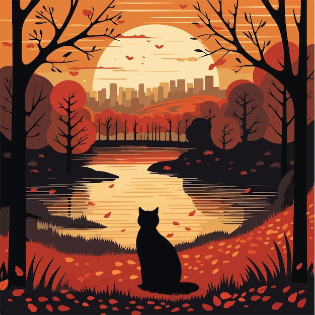 A black cat in an autumn park during sunset