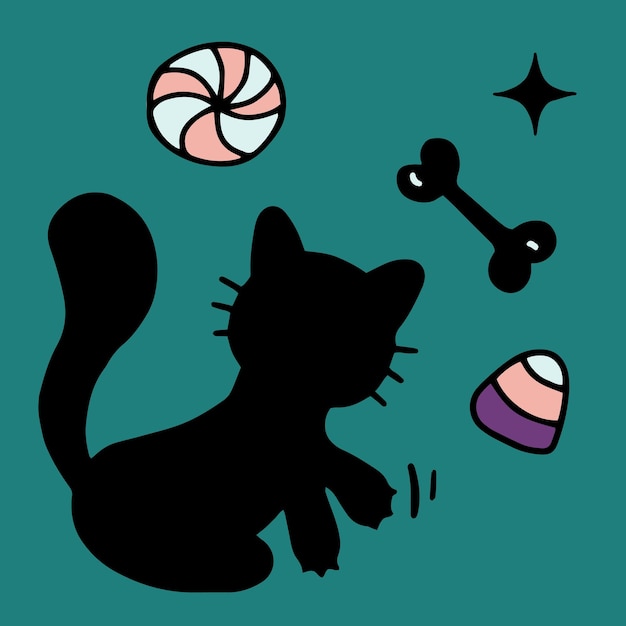 Vettore di clipart di doodle di halloween dei dolci dell'osso del gatto nero