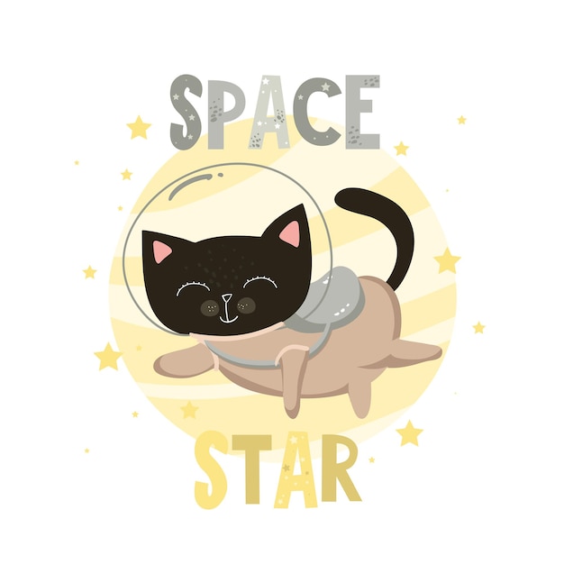 宇宙の黒猫宇宙飛行士、子供のためのベクトル図