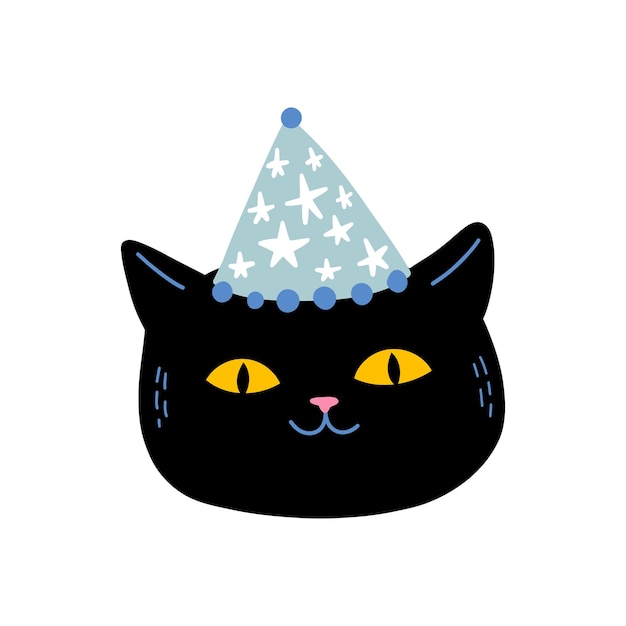 Vector black cat face in the party hat