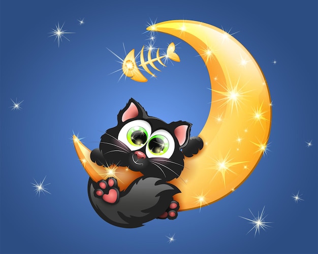 Black cat hanging on the shiny moon with golden fish bone