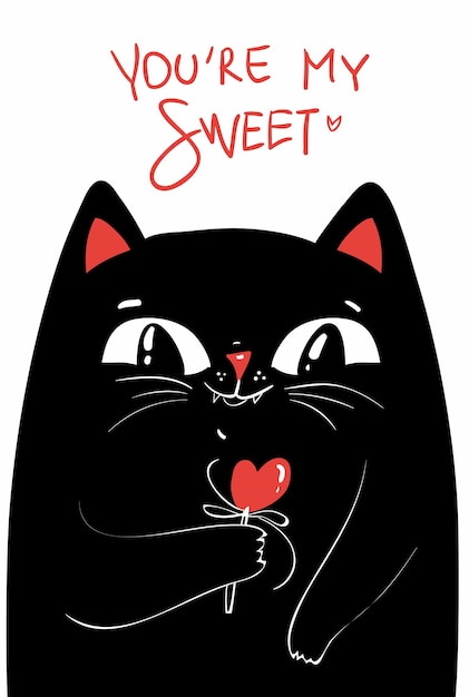 Black cat holding red heart. Funny cartoon cat for Valentines day. Greeting card, banner, poster, print design ang other, baby print. White background Isolated.