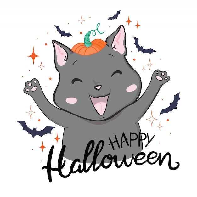 Черная кошка в тыкве на хэллоуин и призрак