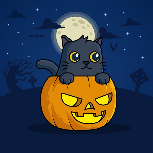 Vector black cat inside halloween pumpkin illustration