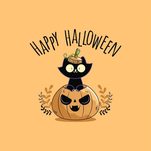 Black cat inside a halloween pumpkin kawaii