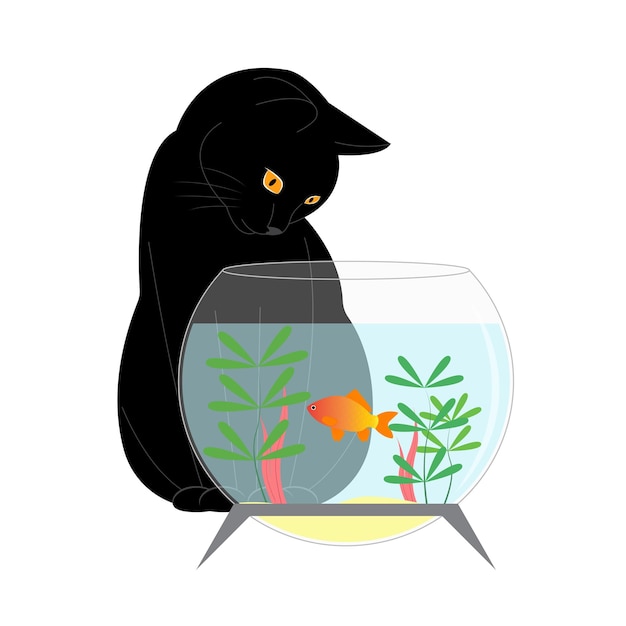 A black cat looks at a goldfish in an aquarium Cute black cat near the aquarium Vector illustration isolated on white background