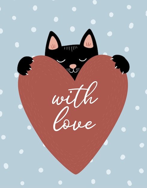 사랑 발렌타인 데이 폴카 도트 배경 글자에 큰 마음과 사랑에 검은 고양이