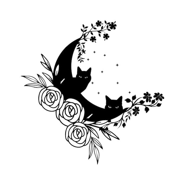 A black cat on a moon with flowers on it