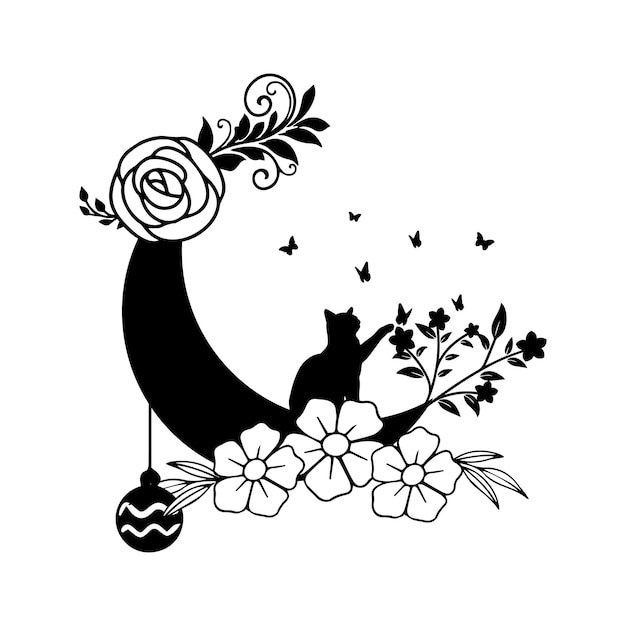 Черный кот на луне с цветами на нем