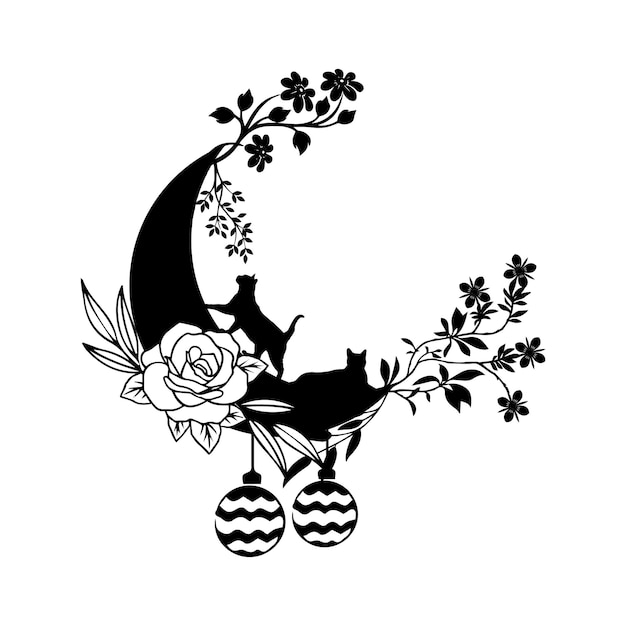 A black cat on a moon with flowers on it