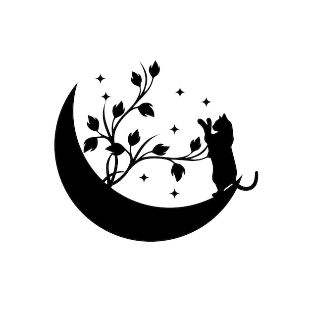 Vector black cat on a moon with flowers