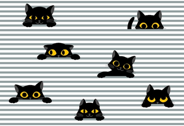 Black cat peeks out from stripes seamless pattern for printing on paper and fabric cute pet with