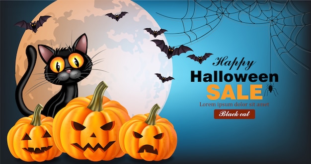 Scheda di halloween di zucche e gatto nero