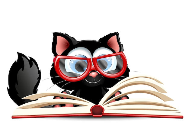 Black Cat reading book in eyeglasses