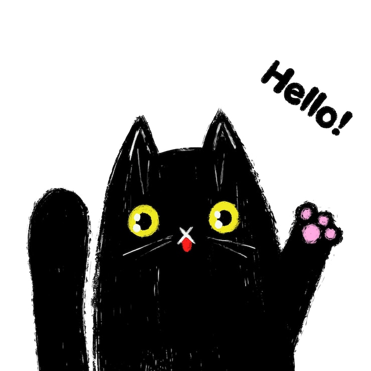 黒猫はこんにちは猫が彼の足を振ると言います動物は彼の手を上げた黒ハロウィーンの子猫に挨拶します