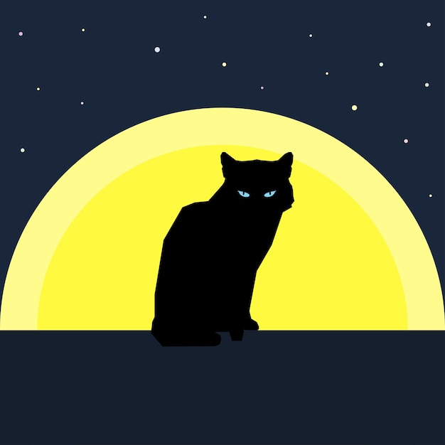 Vettore siluetta del gatto nero contro la luna. tema della natura e degli animali. stile piatto.