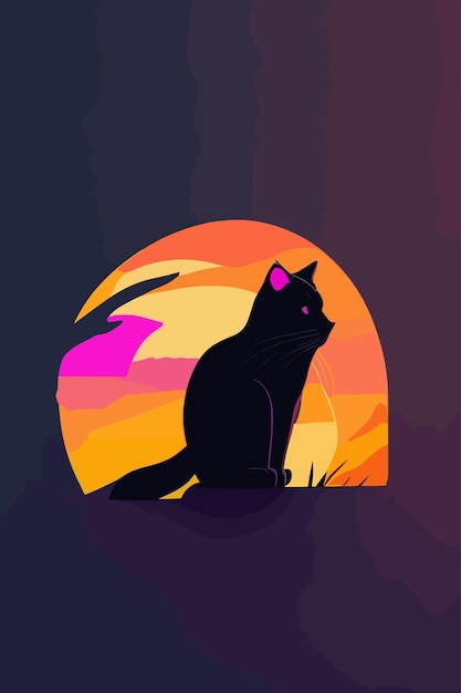 Vector a black cat sits in front of a moon.