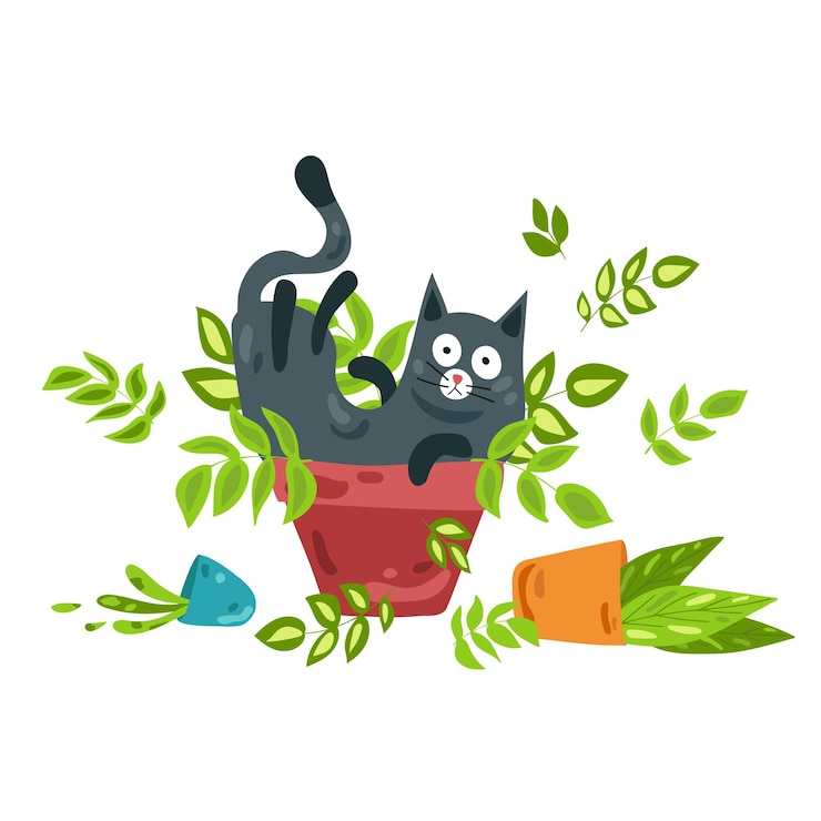 Vector a black cat sits in a potted flower the prankster cat turned over all the flowers vector illustration