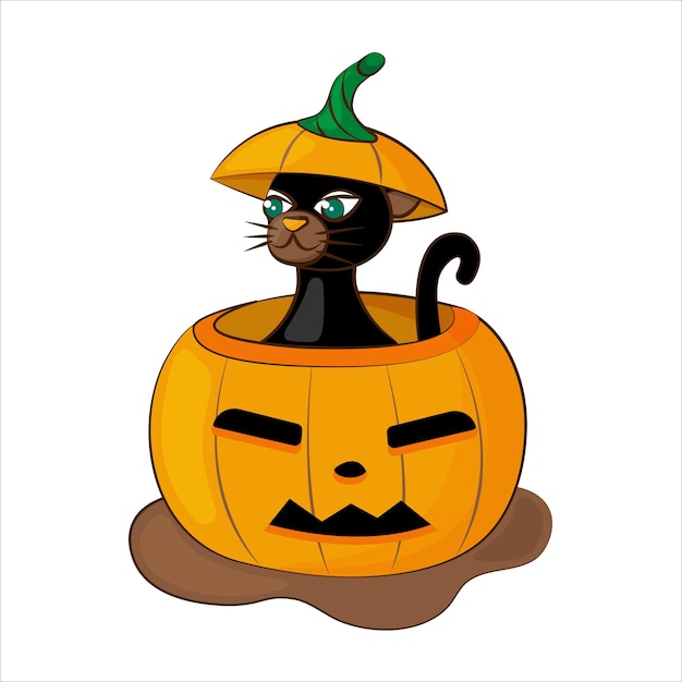 A black cat sits in a pumpkin Halloween card Vector illustration on white background