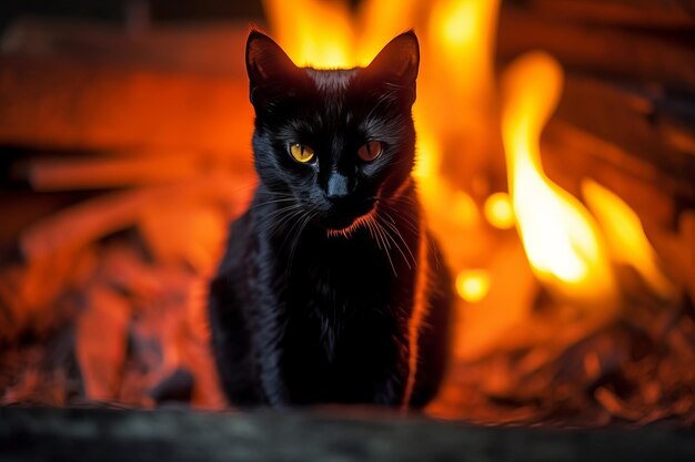 A black cat sitting in front of a fire