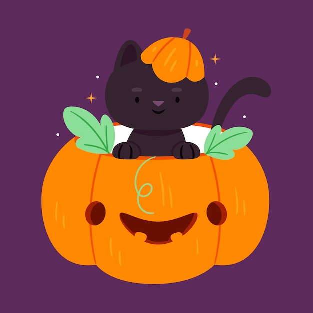 Vector black cat sitting in a halloween pumpkinhalloweenautumnhand drawn style