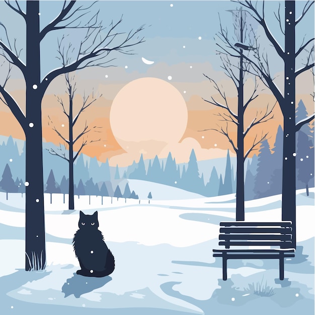 A black cat in an snowy park during sunset