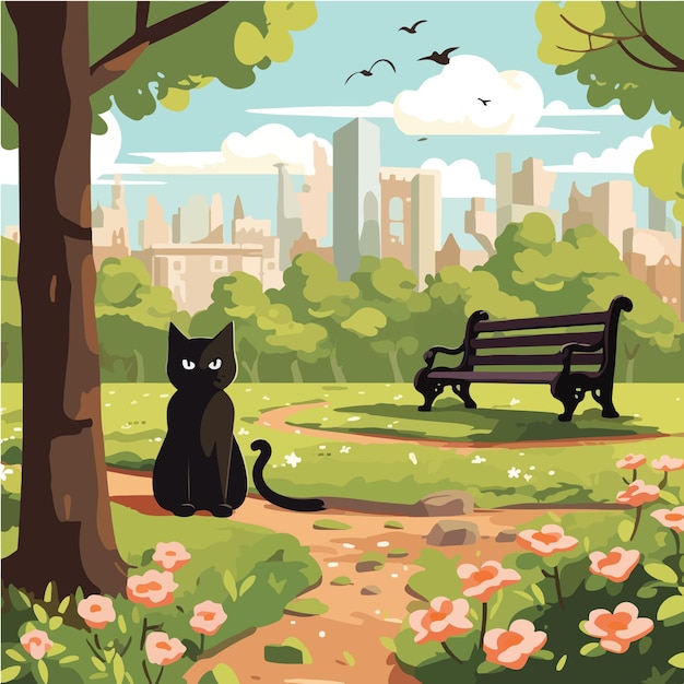 A black cat in an spring park during daytime