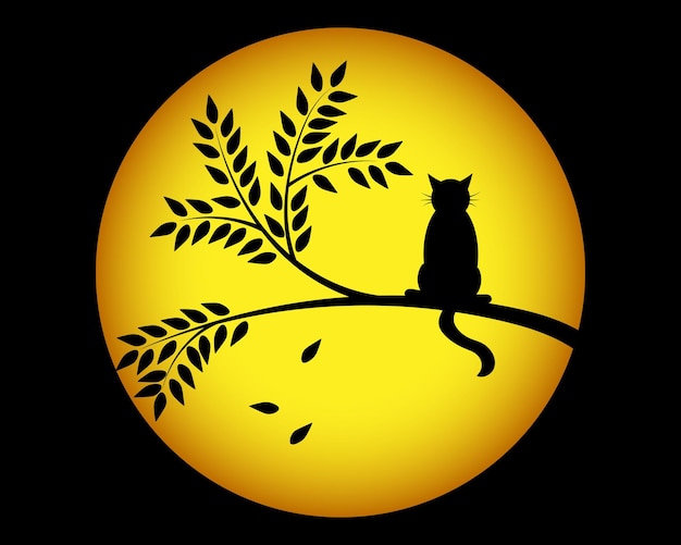 Vector black cat on a tree at sunset