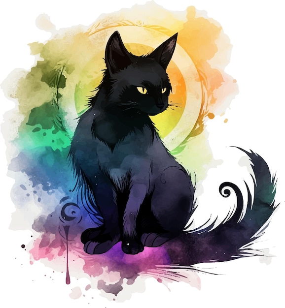 白い背景に孤立した可愛い黒い猫の水彩のクリパート