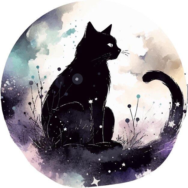 Black cat watercolor clipart cute isolated on white background