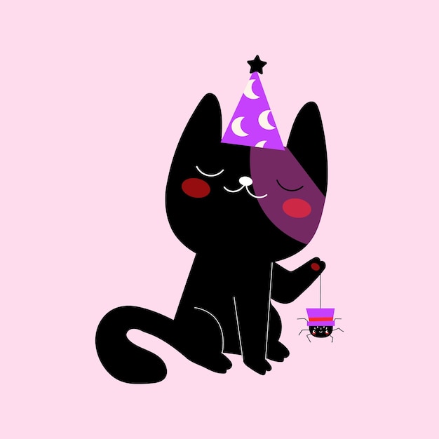 Vector black cat in a witch's hat holding a spider happy halloween witch hat cap cute kawaii cartoon ch