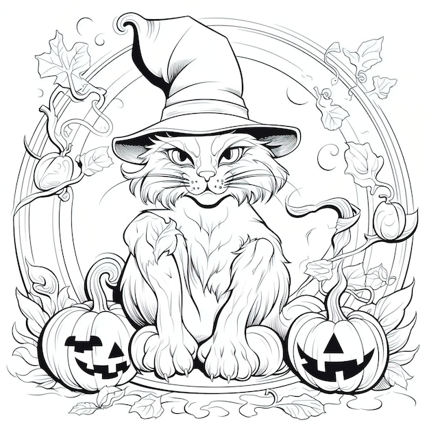 Вектор Черный кот с выгнутой спиной шипит на ведьмину шляпу