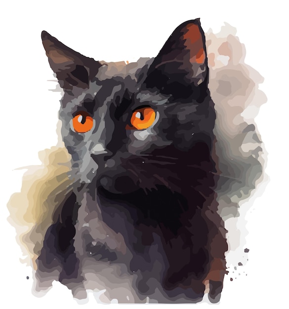 black cat with blue, green, purple, red, yellow eyes, watercolor, vector, illustration