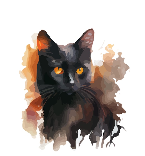 Вектор Черная кошка с голубыми, зелеными, фиолетовыми, красными, желтыми глазами, акварелью, вектором, иллюстрацией