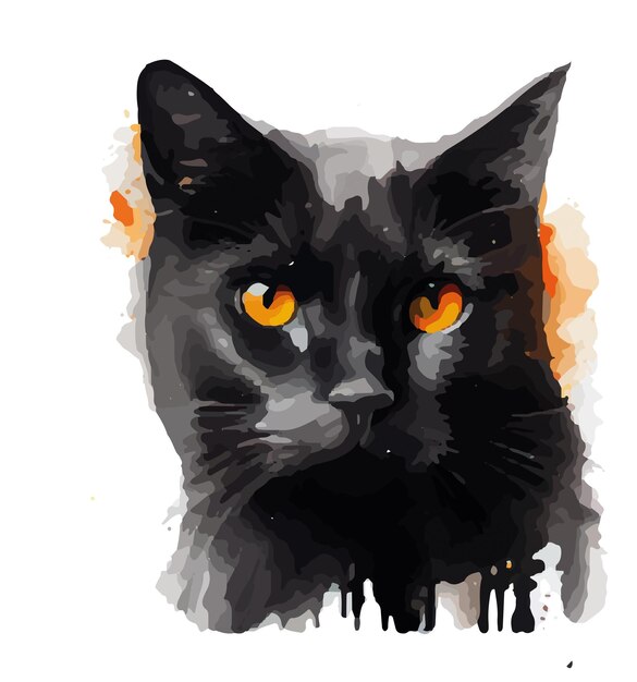 black cat with blue, green, purple, red, yellow eyes, watercolor, vector, illustration