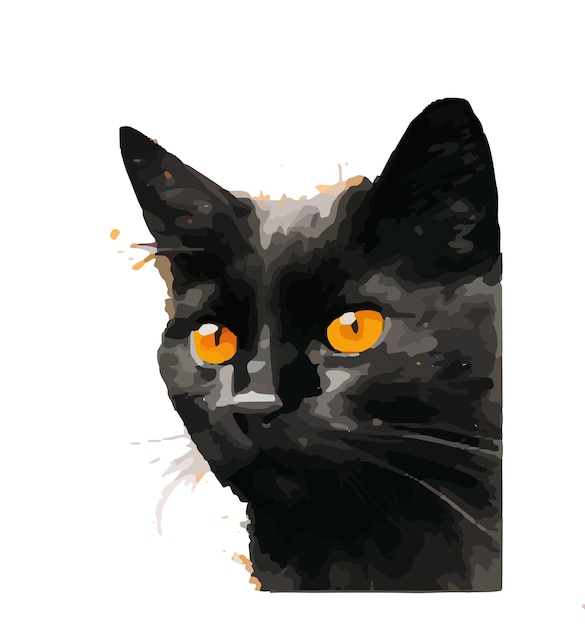 black cat with blue, green, purple, red, yellow eyes, watercolor, vector, illustration