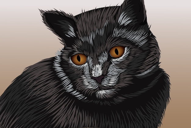 Vector black cat with brown eyes looking away realistic hand drawing