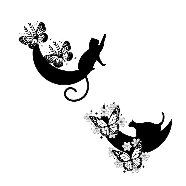 A black cat with a cat on it and butterflies on the back.