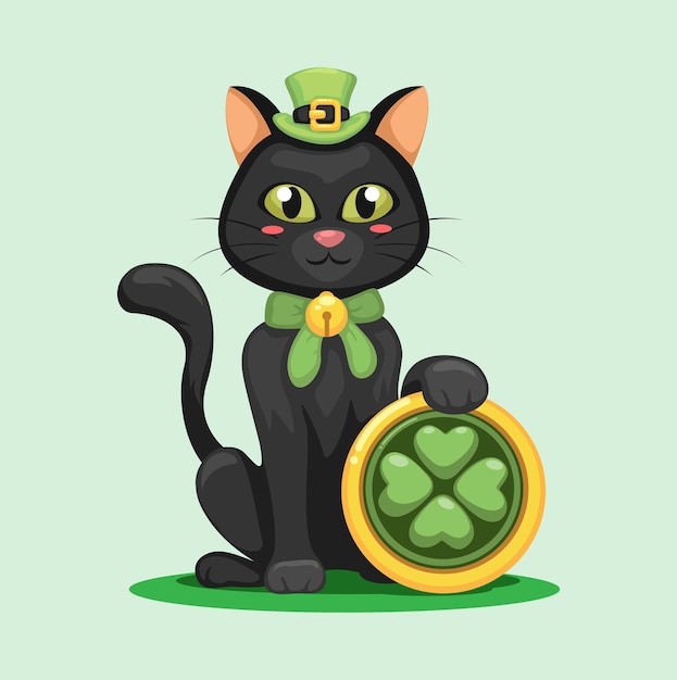 Vector black cat with clove coin st patrick day season character cartoon illustration vector