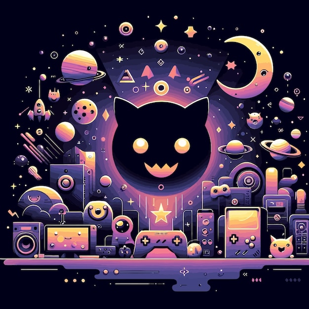 Vector a black cat with a face on it and the moon in the background