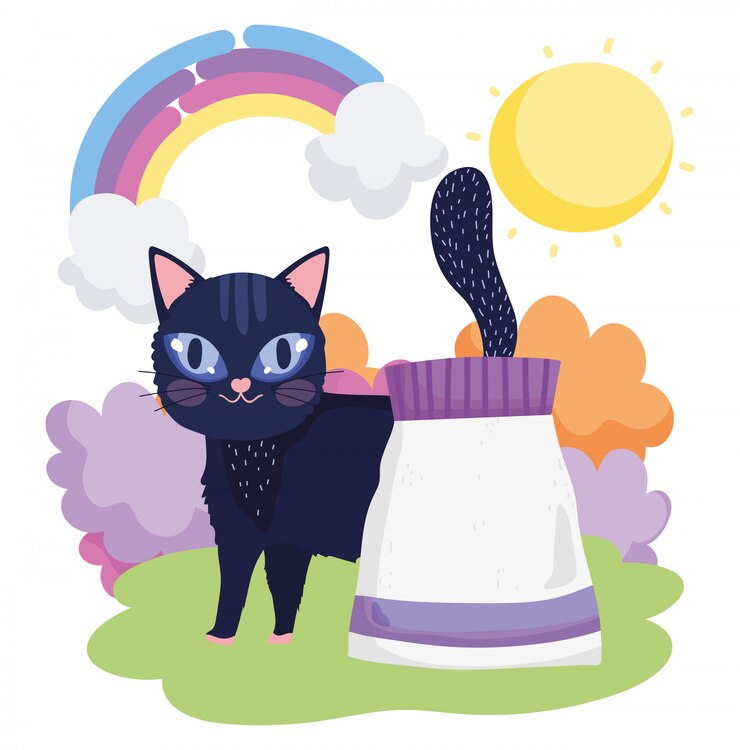 Vector black cat with food package grass sun pets