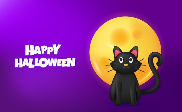 Black cat with full moon cute 3d illustration for halloween party banner concept with purple background