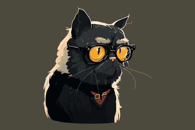 A black cat with glasses and a collar that says'cat'on it