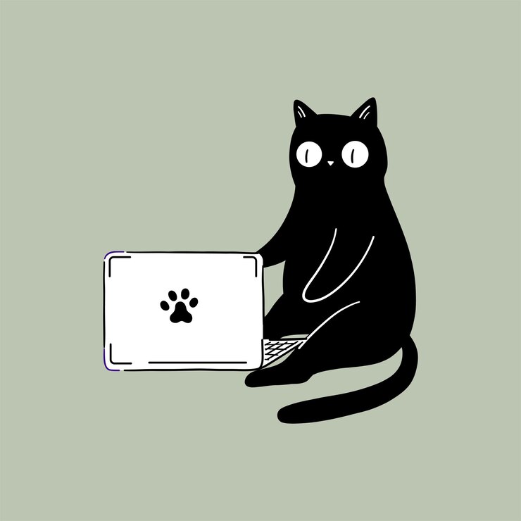 Vector black cat with laptop