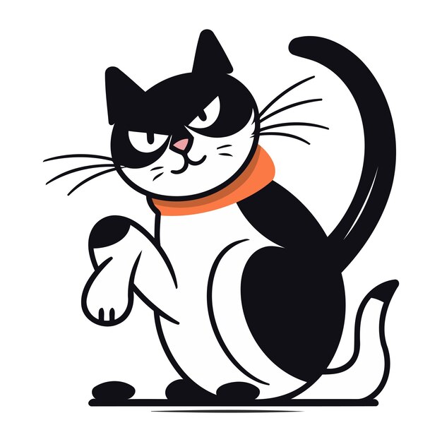 Vector black cat with orange scarf isolated on white background vector illustration