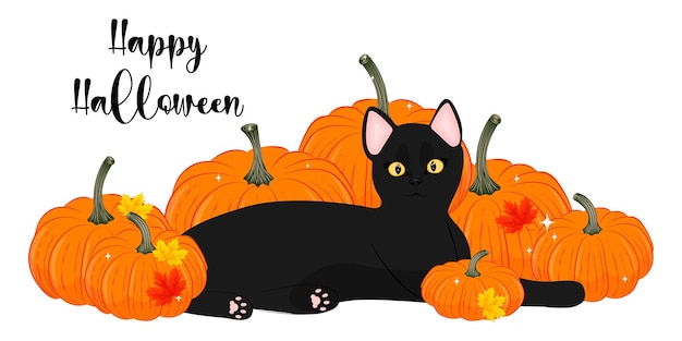 黒い猫とカボチャ ハッピーハロウィン ベクトル イラスト